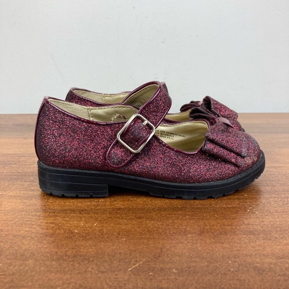 Sugar Brand Kenna Burgundy Sparkle Bow Mary Jane Flats Hook Loop Girls Size 10M. - Picture 5 of 12